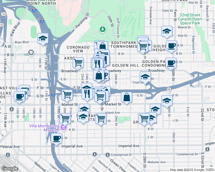 map of restaurants, bars, coffee shops, grocery stores, and more near 2532 F Street in San Diego