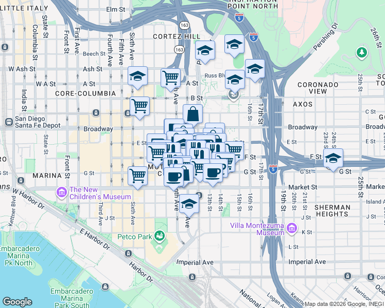 map of restaurants, bars, coffee shops, grocery stores, and more near 1110 F Street in San Diego