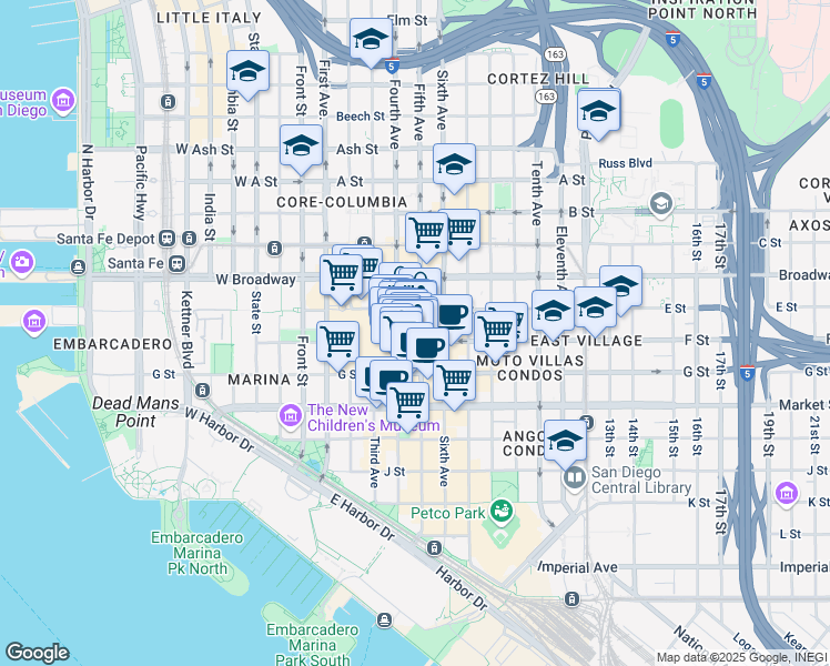 map of restaurants, bars, coffee shops, grocery stores, and more near in San Diego