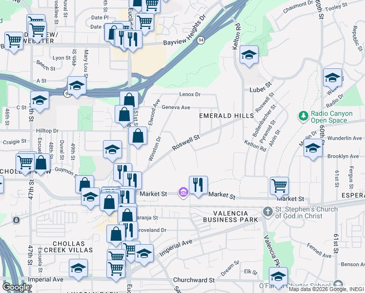 map of restaurants, bars, coffee shops, grocery stores, and more near 5323 Roswell Street in San Diego