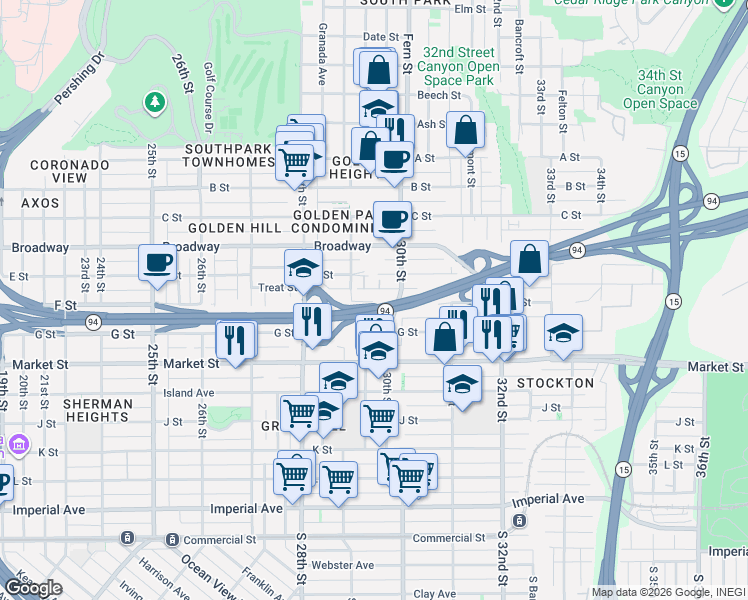 map of restaurants, bars, coffee shops, grocery stores, and more near 2954 F Street in San Diego