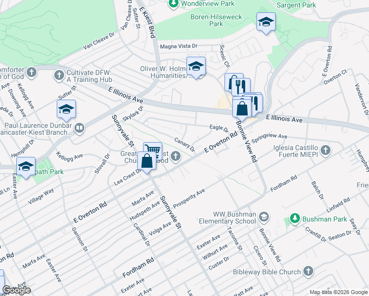 map of restaurants, bars, coffee shops, grocery stores, and more near 2840 Canary Drive in Dallas