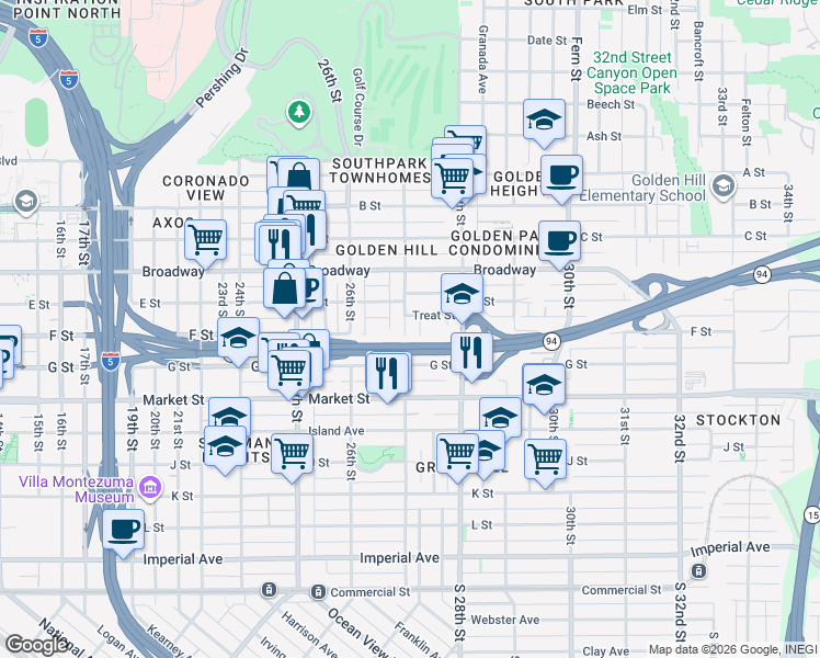 map of restaurants, bars, coffee shops, grocery stores, and more near 801 27th Street in San Diego