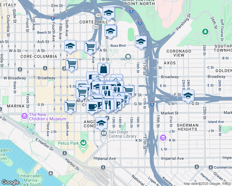 map of restaurants, bars, coffee shops, grocery stores, and more near 740 13th Street in San Diego