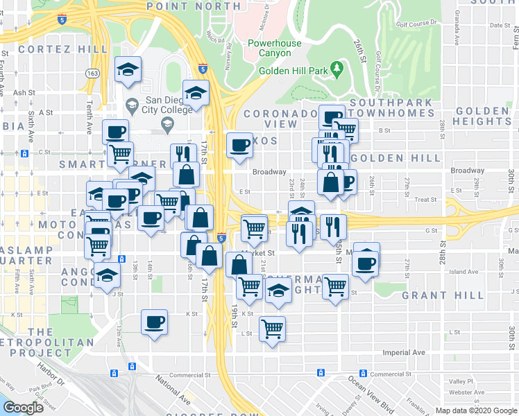map of restaurants, bars, coffee shops, grocery stores, and more near 2038 F Street in San Diego