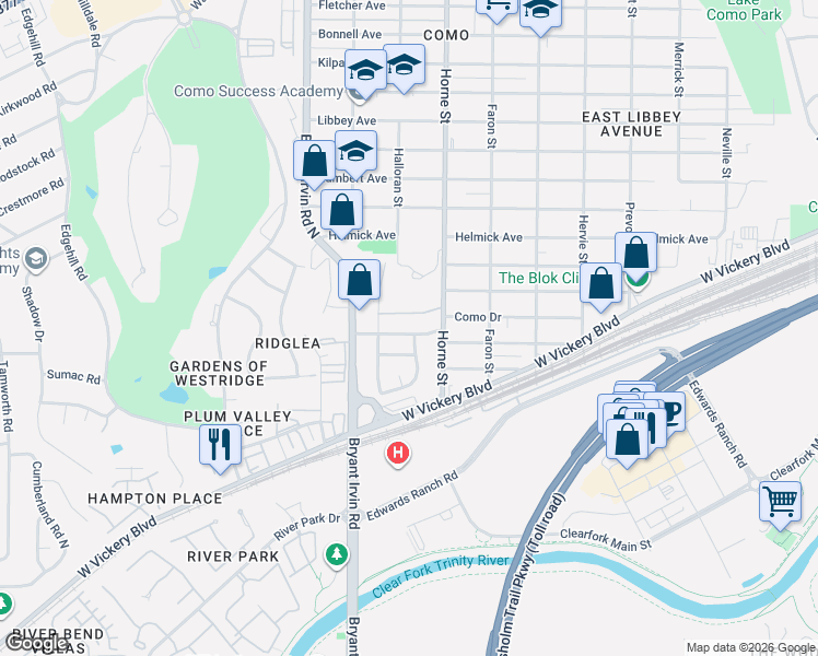 map of restaurants, bars, coffee shops, grocery stores, and more near 5809 Manhattan Drive in Fort Worth