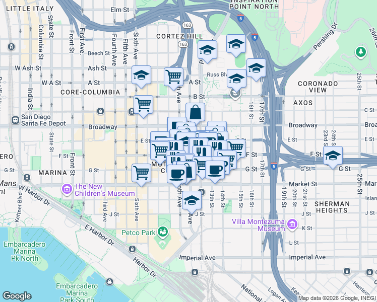 map of restaurants, bars, coffee shops, grocery stores, and more near in San Diego