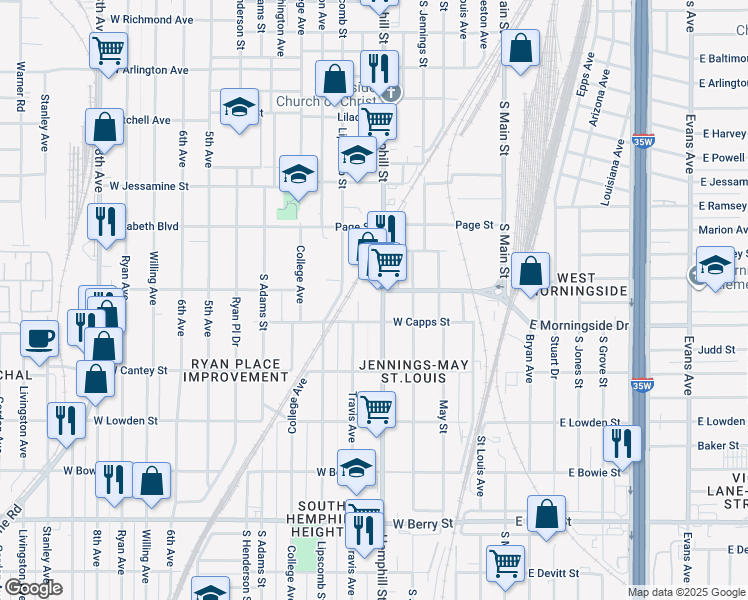 map of restaurants, bars, coffee shops, grocery stores, and more near 2620 Hemphill Street in Fort Worth