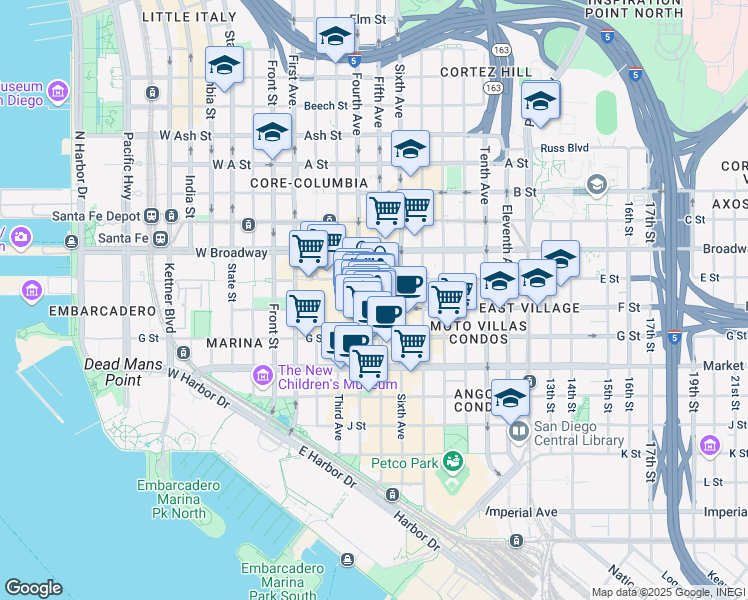 map of restaurants, bars, coffee shops, grocery stores, and more near in San Diego