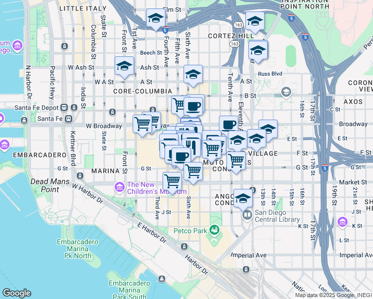 map of restaurants, bars, coffee shops, grocery stores, and more near 789 Sixth Avenue in San Diego