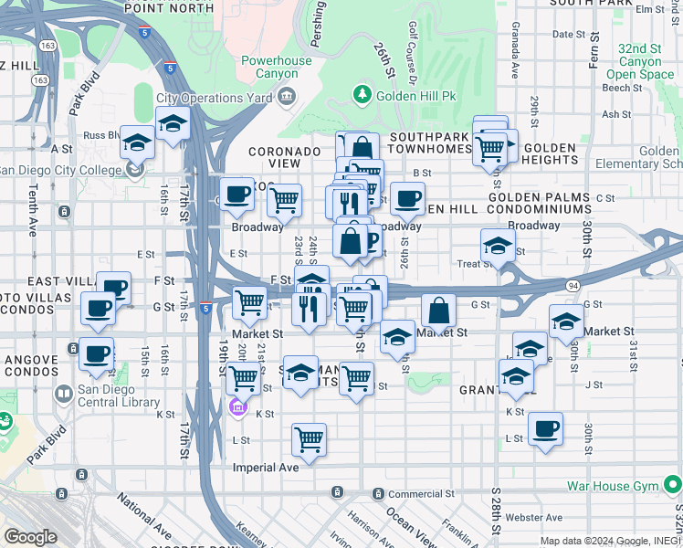 map of restaurants, bars, coffee shops, grocery stores, and more near 2460 F Street in San Diego