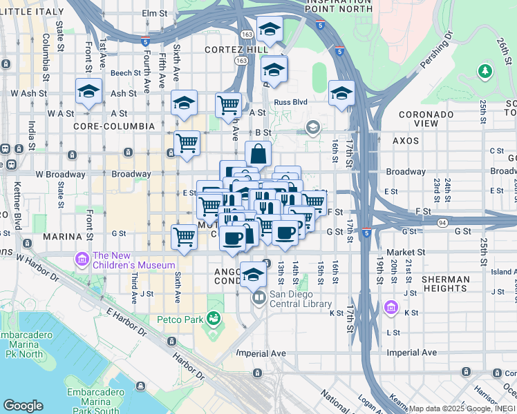 map of restaurants, bars, coffee shops, grocery stores, and more near in San Diego