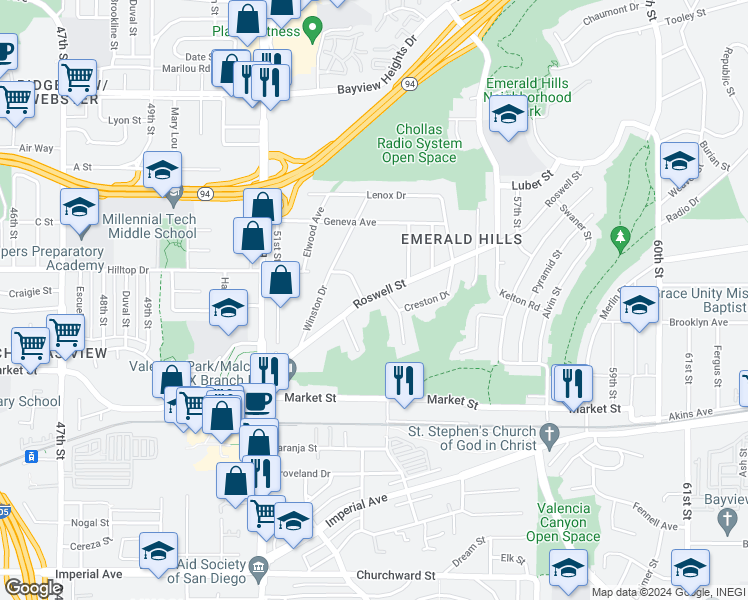 map of restaurants, bars, coffee shops, grocery stores, and more near 5367 Roswell Street in San Diego