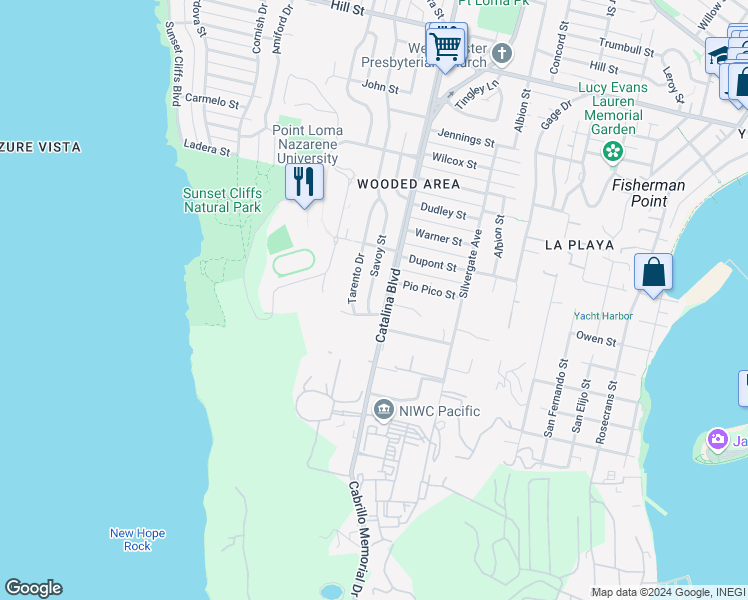 map of restaurants, bars, coffee shops, grocery stores, and more near 517 Savoy Street in San Diego