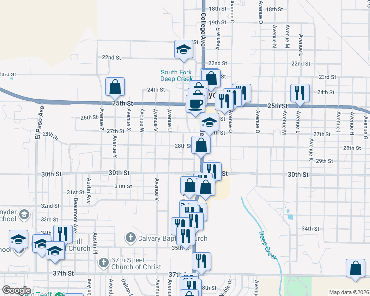 map of restaurants, bars, coffee shops, grocery stores, and more near 2800 Avenue T in Snyder