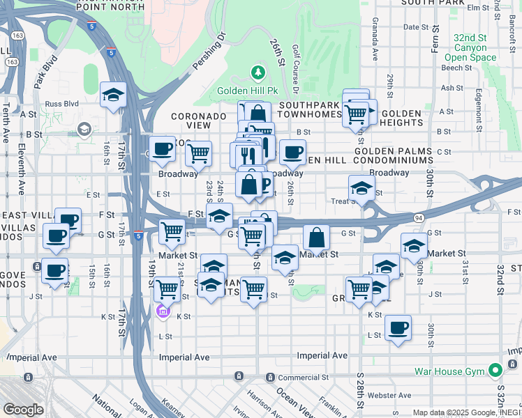 map of restaurants, bars, coffee shops, grocery stores, and more near 2532 F Street in San Diego