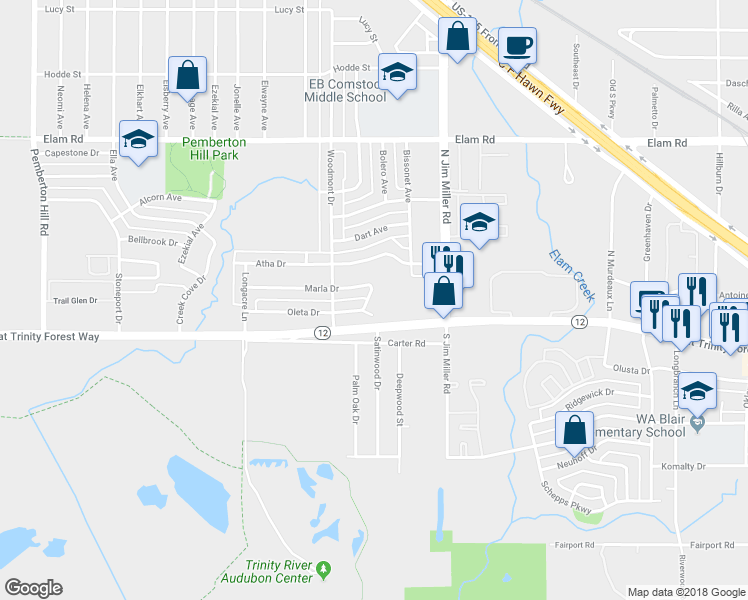 map of restaurants, bars, coffee shops, grocery stores, and more near 6863 Marla Drive in Dallas