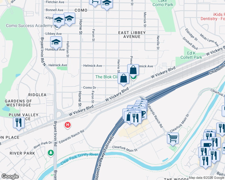 map of restaurants, bars, coffee shops, grocery stores, and more near 5428 Chariot Drive in Fort Worth