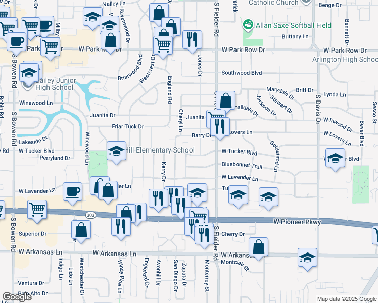 map of restaurants, bars, coffee shops, grocery stores, and more near 1707 West Tucker Boulevard in Arlington