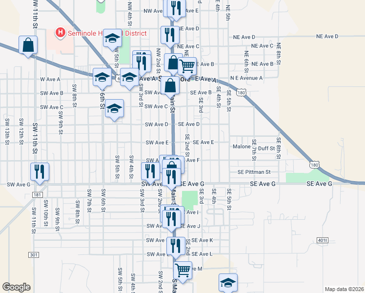 map of restaurants, bars, coffee shops, grocery stores, and more near 509 Southeast 2nd Street in Seminole