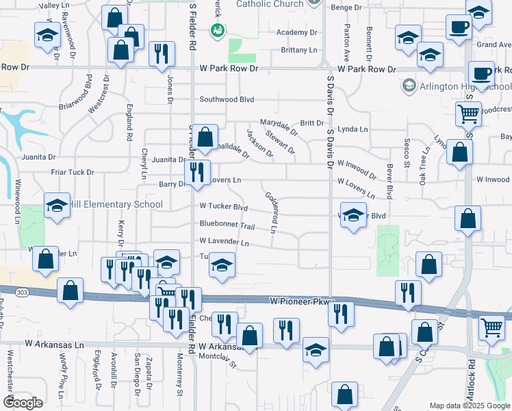 map of restaurants, bars, coffee shops, grocery stores, and more near 1411 West Tucker Boulevard in Arlington
