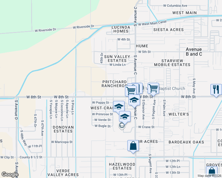map of restaurants, bars, coffee shops, grocery stores, and more near 7886 South Pritchard Avenue in Yuma