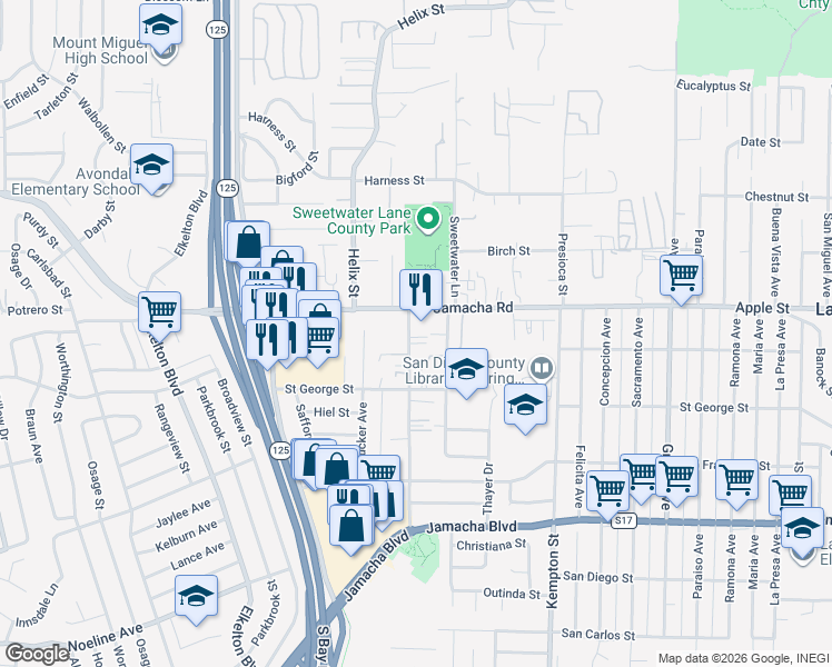 map of restaurants, bars, coffee shops, grocery stores, and more near 1045 Gillespie Drive in Spring Valley
