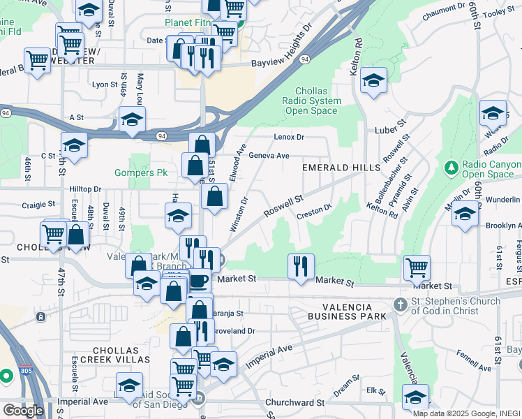 map of restaurants, bars, coffee shops, grocery stores, and more near 5323 Roswell Street in San Diego