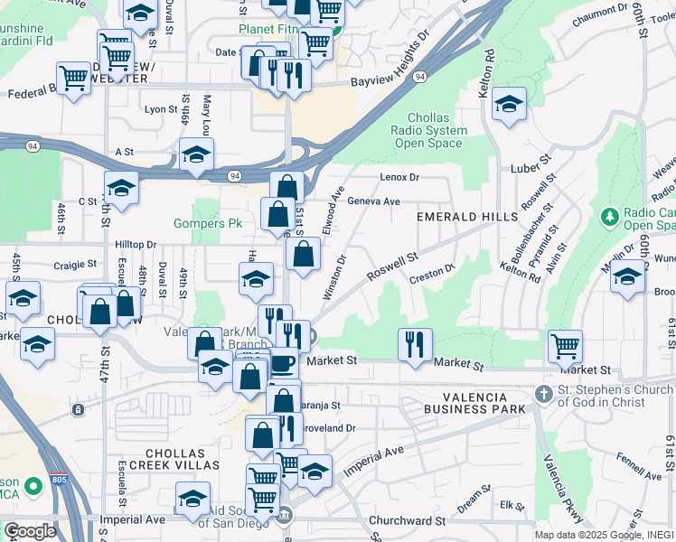 map of restaurants, bars, coffee shops, grocery stores, and more near 815 Winston Drive in San Diego