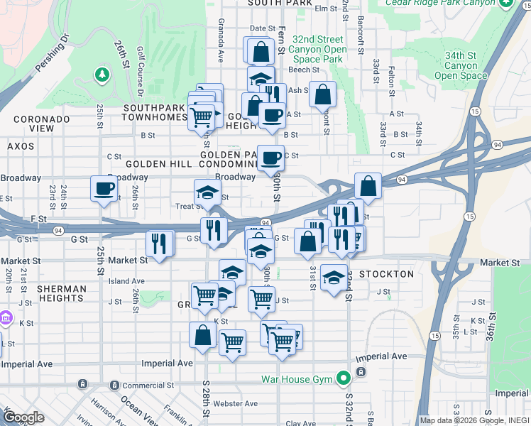 map of restaurants, bars, coffee shops, grocery stores, and more near 2954 F Street in San Diego