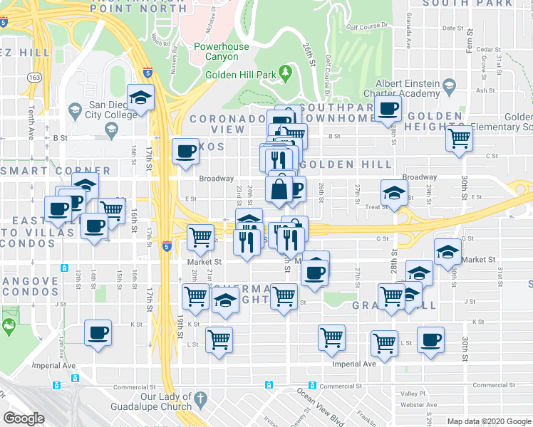 map of restaurants, bars, coffee shops, grocery stores, and more near 2474 F Street in San Diego