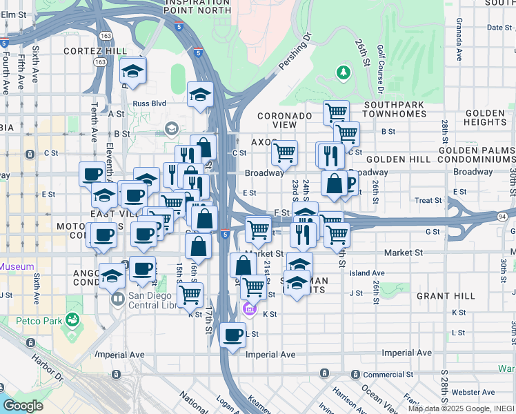 map of restaurants, bars, coffee shops, grocery stores, and more near 2038 F Street in San Diego