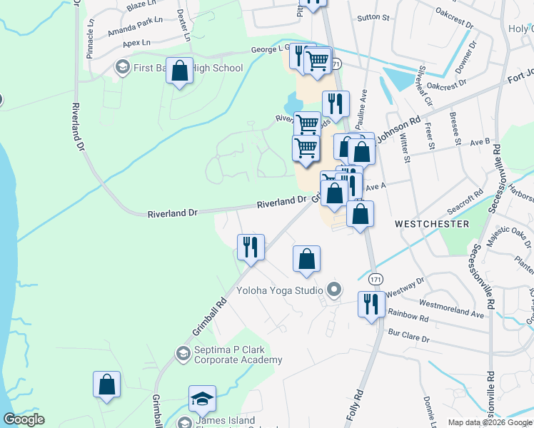 map of restaurants, bars, coffee shops, grocery stores, and more near 1815 Riverland Drive in Charleston