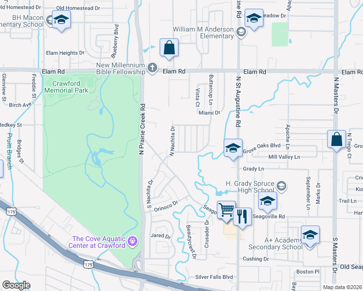 map of restaurants, bars, coffee shops, grocery stores, and more near 202 Prairie Grove Drive in Dallas