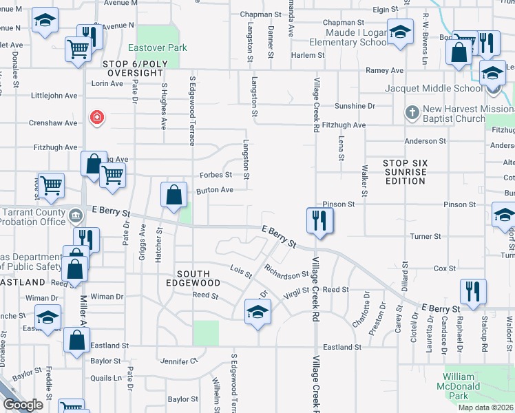 map of restaurants, bars, coffee shops, grocery stores, and more near 3109 Sirron Street in Fort Worth