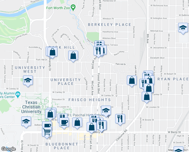 map of restaurants, bars, coffee shops, grocery stores, and more near 2627 McCart Avenue in Fort Worth