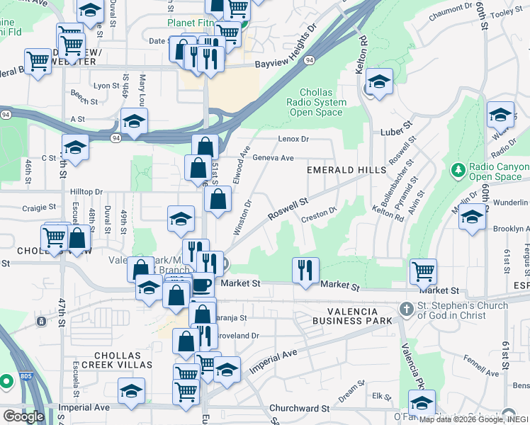 map of restaurants, bars, coffee shops, grocery stores, and more near 5323 Roswell Street in San Diego
