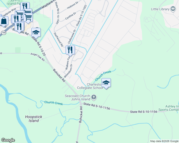 map of restaurants, bars, coffee shops, grocery stores, and more near 3577 Walter Drive in Johns Island