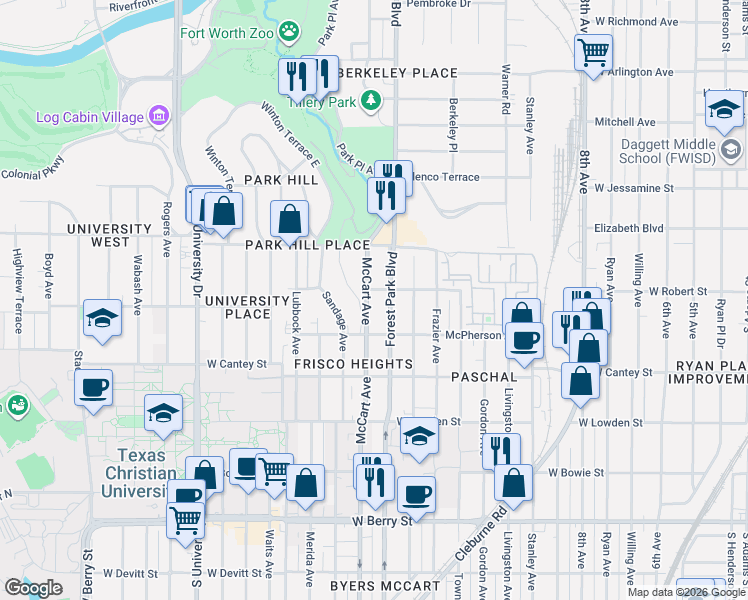 map of restaurants, bars, coffee shops, grocery stores, and more near 2627 McCart Avenue in Fort Worth