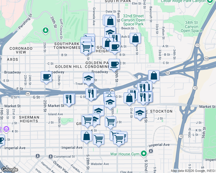 map of restaurants, bars, coffee shops, grocery stores, and more near 2944 F Street in San Diego