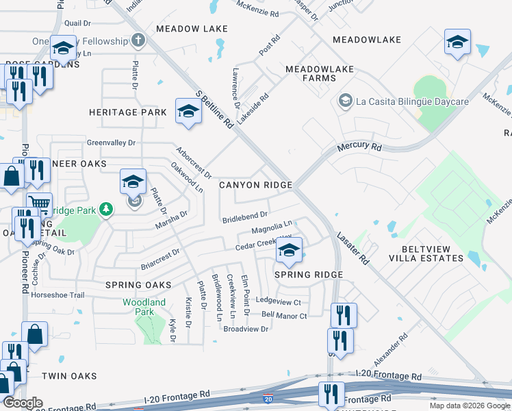 map of restaurants, bars, coffee shops, grocery stores, and more near 14806 Canyon Ridge Drive in Balch Springs