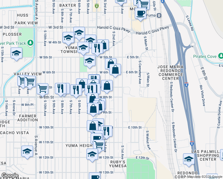 map of restaurants, bars, coffee shops, grocery stores, and more near 712 South 2nd Avenue in Yuma