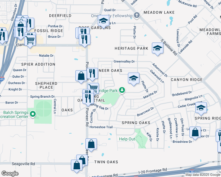 map of restaurants, bars, coffee shops, grocery stores, and more near 13140 Rustic Trail in Balch Springs