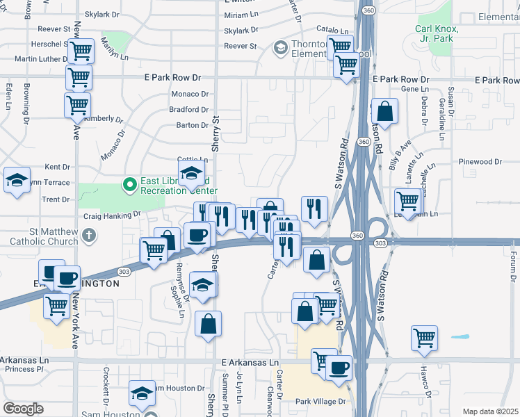 map of restaurants, bars, coffee shops, grocery stores, and more near 2300 Seminole Drive in Arlington