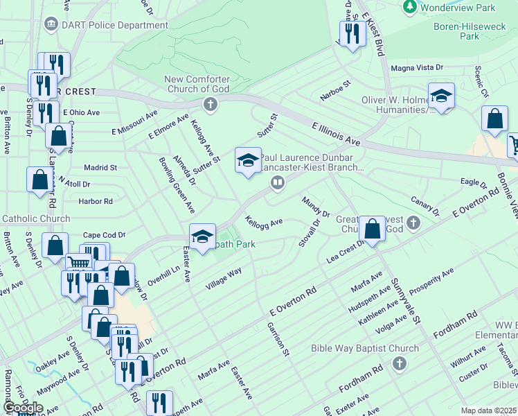 map of restaurants, bars, coffee shops, grocery stores, and more near 2002 Skylark Drive in Dallas
