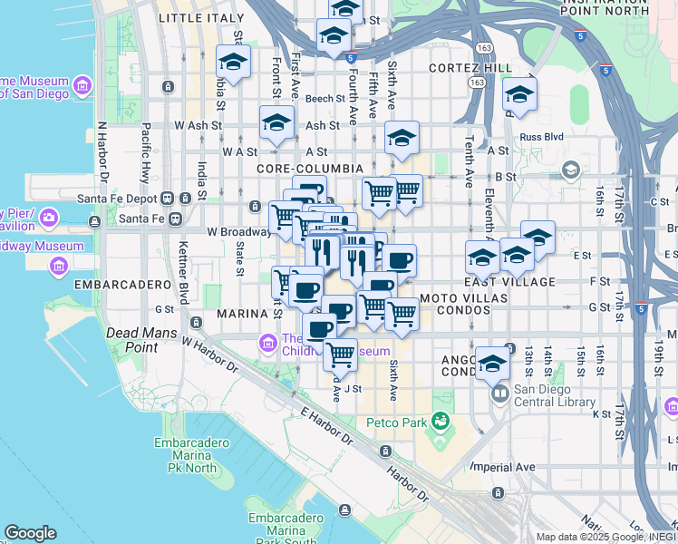 map of restaurants, bars, coffee shops, grocery stores, and more near 273 Horton Plaza in San Diego