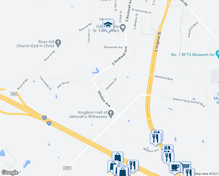 map of restaurants, bars, coffee shops, grocery stores, and more near 122 Hamilton Drive in Terrell