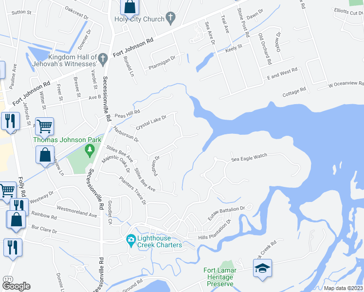 map of restaurants, bars, coffee shops, grocery stores, and more near 1482 Springwater Court in Charleston