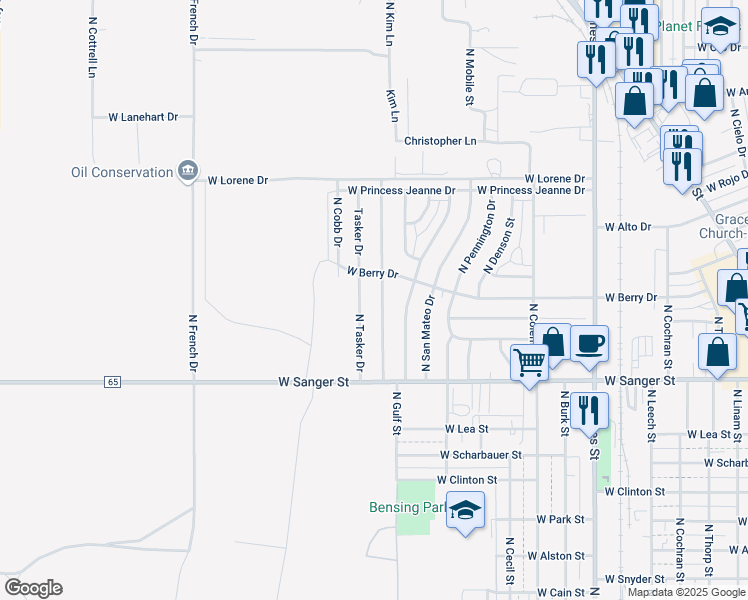 map of restaurants, bars, coffee shops, grocery stores, and more near 1230 North Tasker Drive in Hobbs