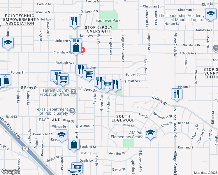 map of restaurants, bars, coffee shops, grocery stores, and more near 4333 East Berry Street in Fort Worth